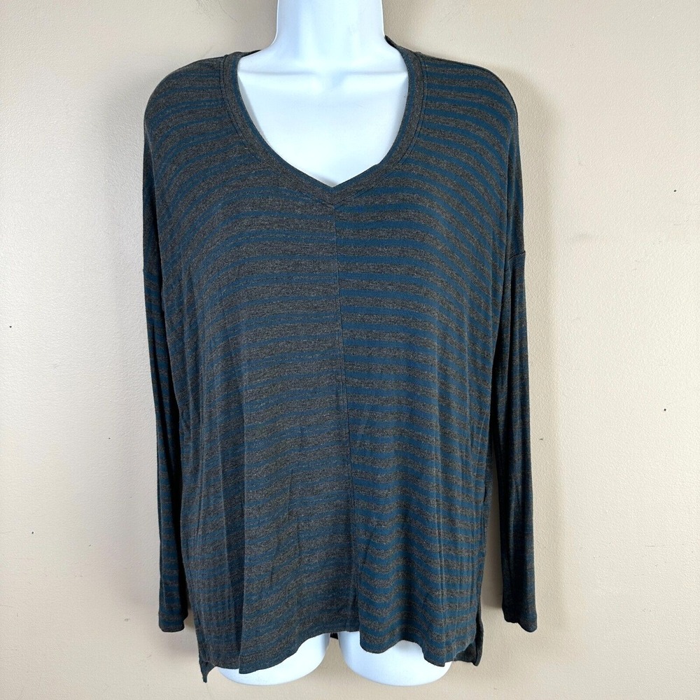 Cabi 3787 Womens XS Striped Top Oversized Gray Blue Long Sleeve Stretch V-Neck